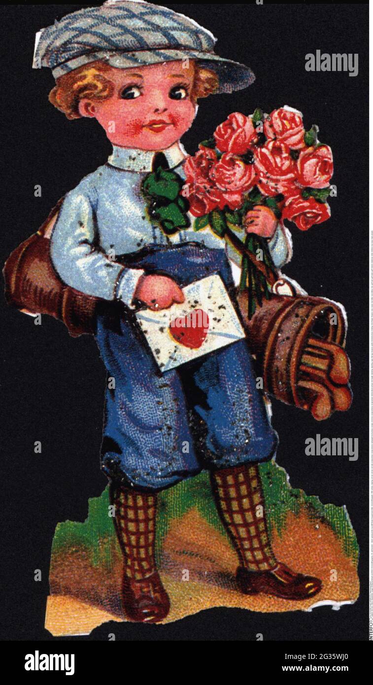 Kitsch, imprimés brillants, garçon avec bouquet de fleurs et lettre, chromolithographe, 20e siècle, clipping, DROITS-SUPPLÉMENTAIRES-AUTORISATION-INFO-NON-DISPONIBLE Banque D'Images