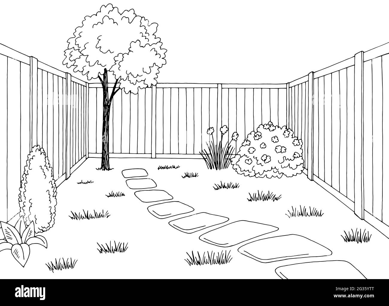 Jardin arrière graphique noir blanc esquisse illustration vecteur Illustration de Vecteur