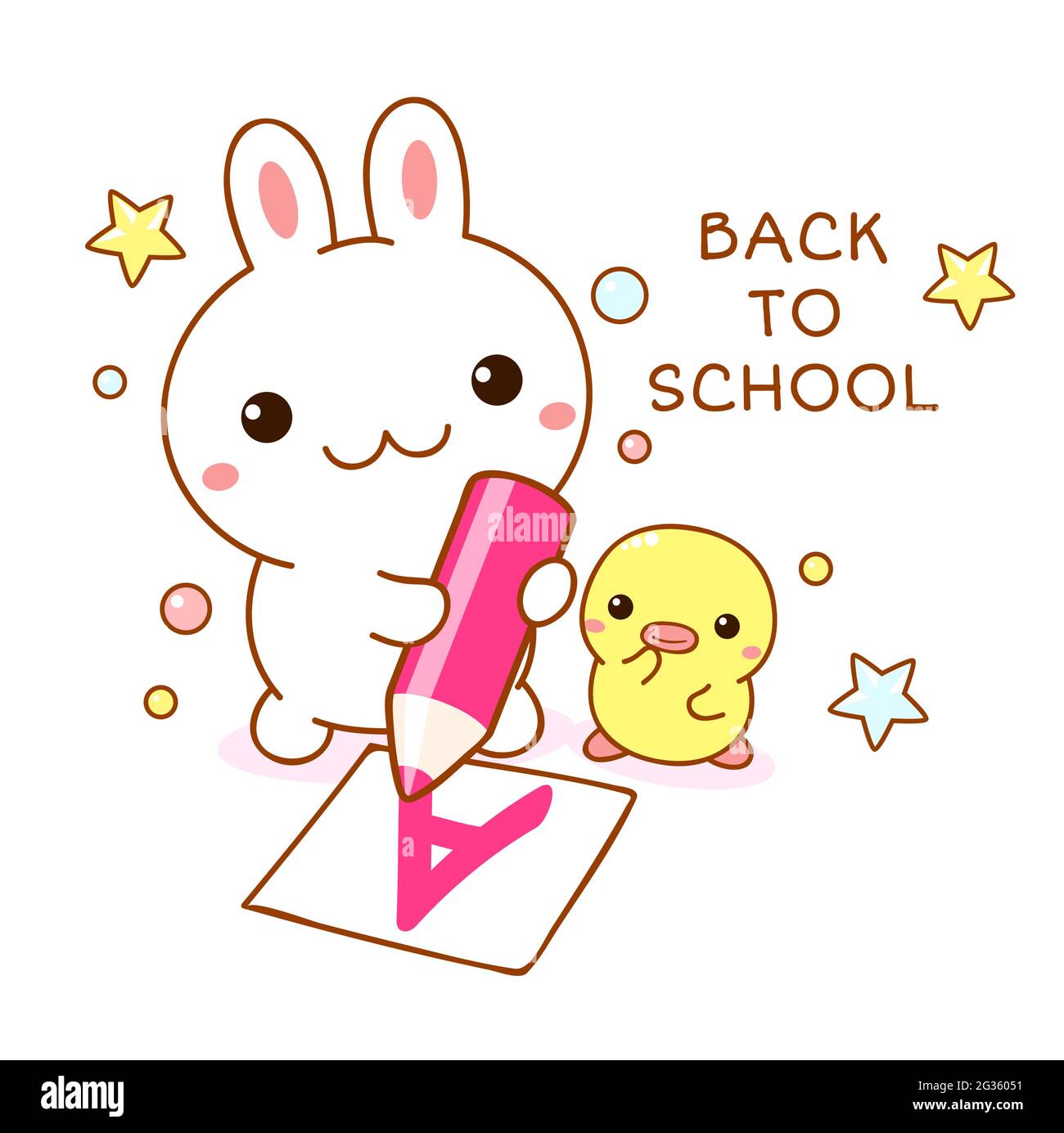 Retour à l'école. Carte carrée de lapin kawaii et de caneton. Les petits amis de canard et de lapin mignons écrivent une lettre. Illustration vectorielle EPS8 Illustration de Vecteur