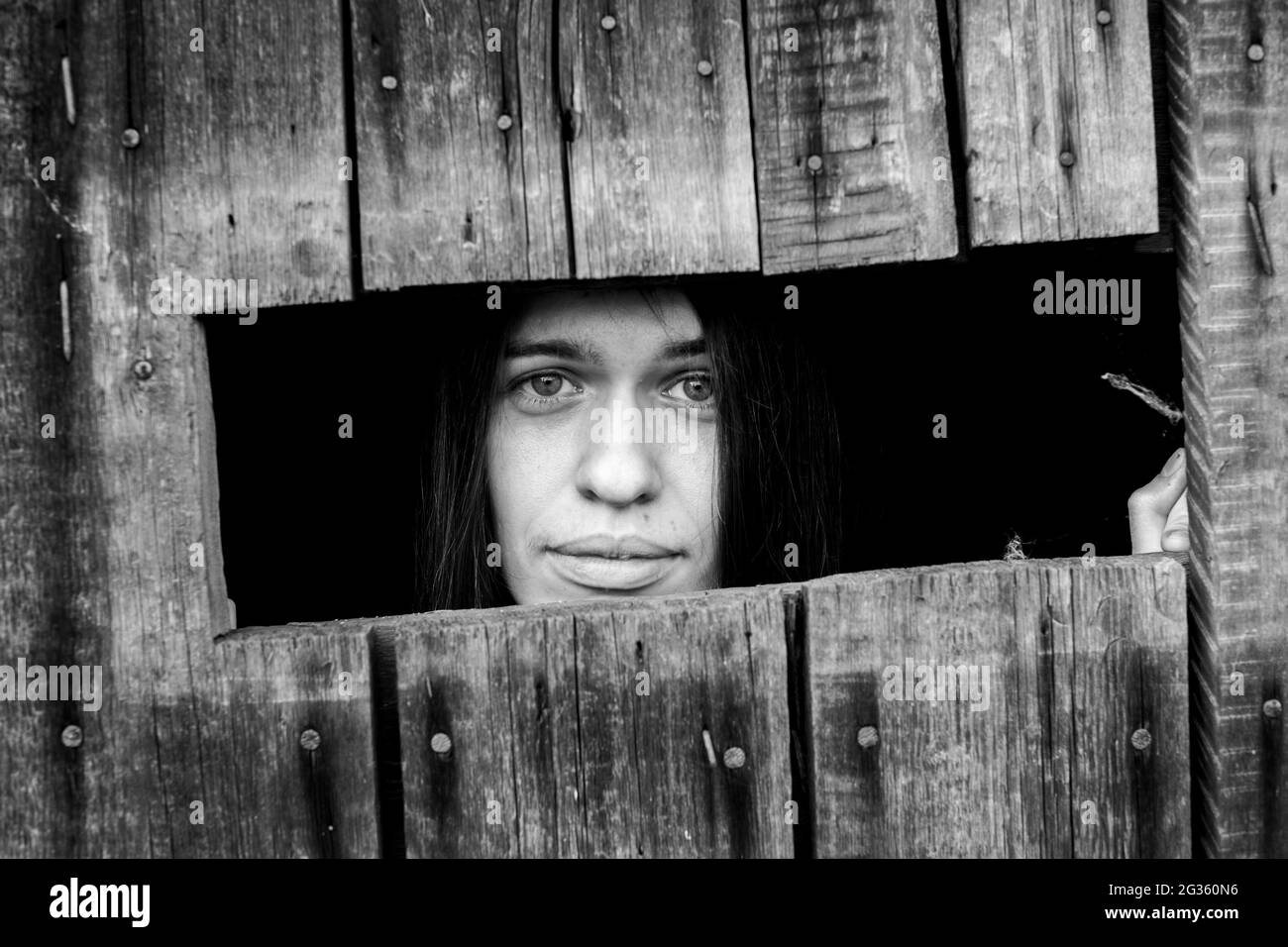 Jeune femme regardant à travers la fissure d'un hangar en bois verrouillé, gros plan. Photo en noir et blanc. Banque D'Images