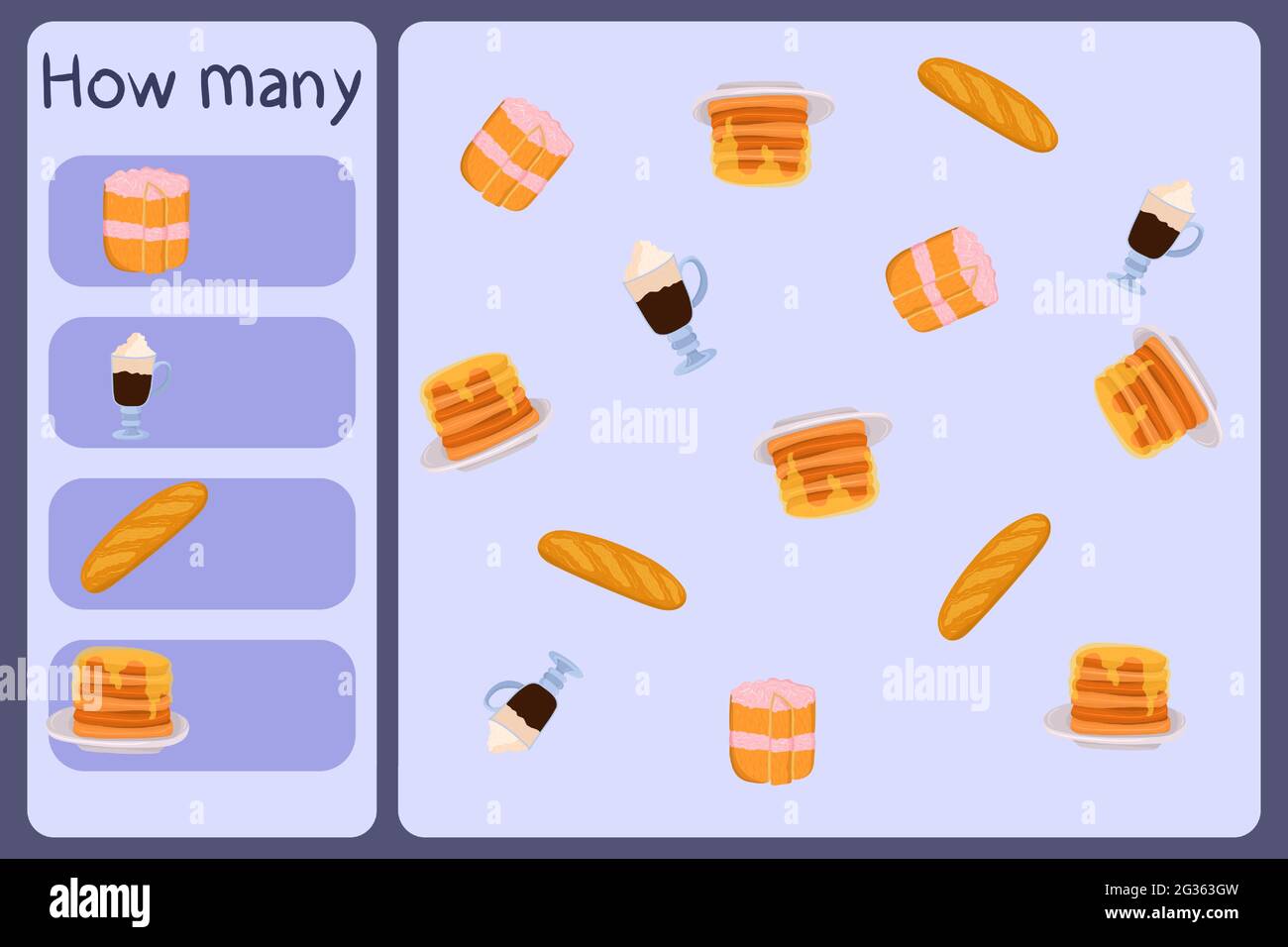 Mini jeu mathématique pour enfants - comptez combien d'aliments - gâteau, café, baguette, crêpes. Jeux éducatifs pour enfants. Modèle de dessin animé sur fond coloré. Graphique vectoriel. Illustration de Vecteur