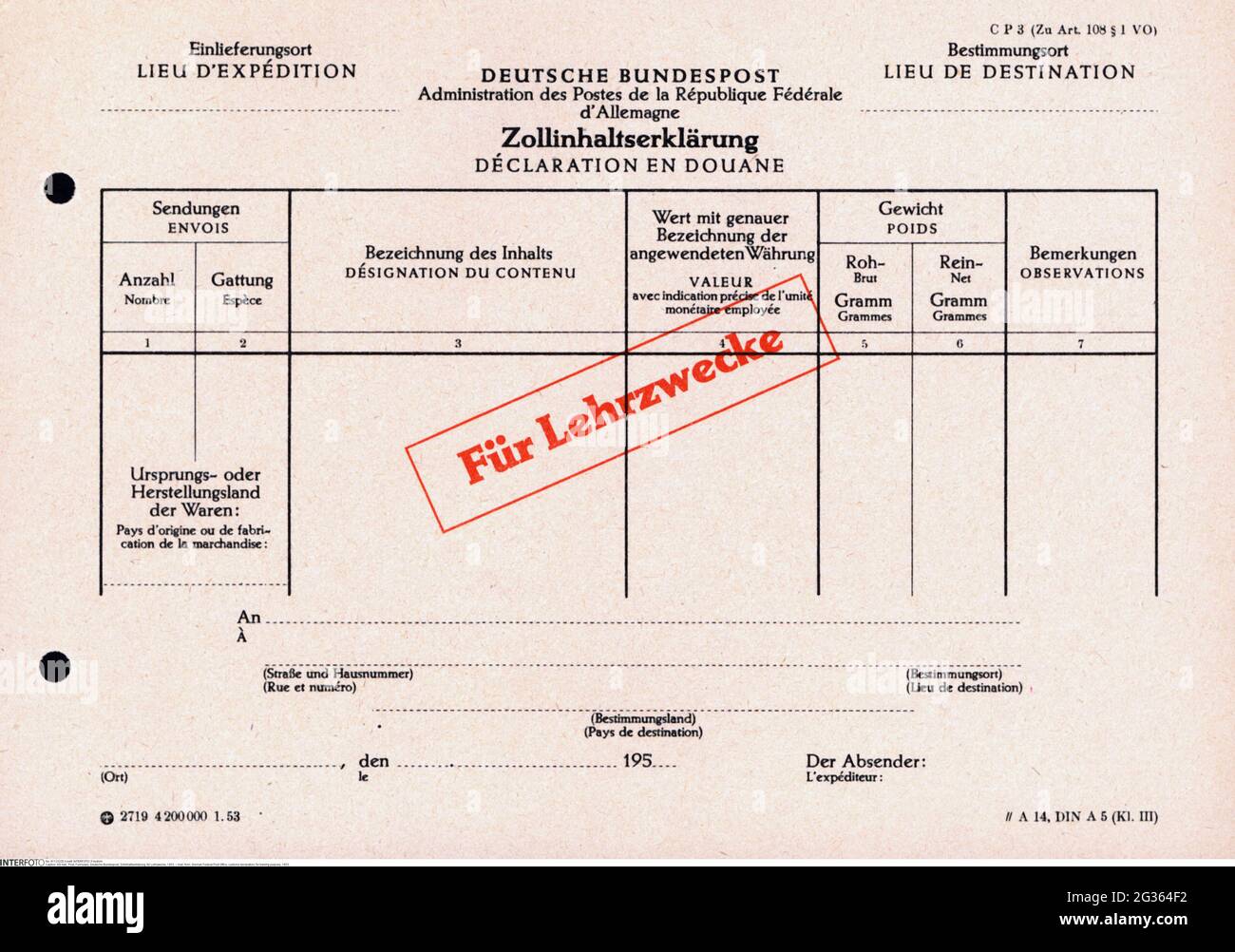 Courrier, formulaire, poste fédérale allemande, déclaration douanière, à des fins de formation, 1953, INFO-DROITS-DÉDOUANEMENT-SUPPLÉMENTAIRES-NON-DISPONIBLE Banque D'Images