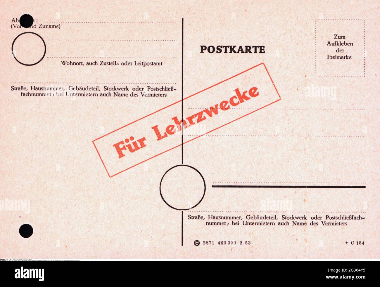 Courrier, formulaire, poste fédérale allemande, carte postale, à des fins de formation, 1953, DROITS-SUPPLÉMENTAIRES-AUTORISATION-INFO-NON-DISPONIBLE Banque D'Images