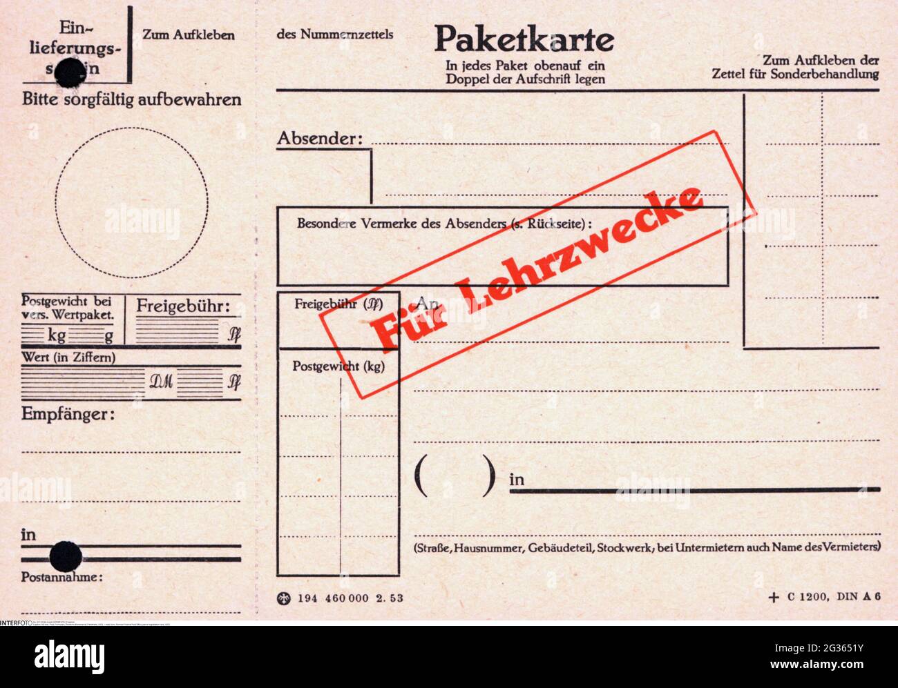 Courrier, formulaire, poste fédérale allemande, carte d'enregistrement de colis, 1953, INFO-AUTORISATION-DROITS-SUPPLÉMENTAIRES-NON-DISPONIBLE Banque D'Images