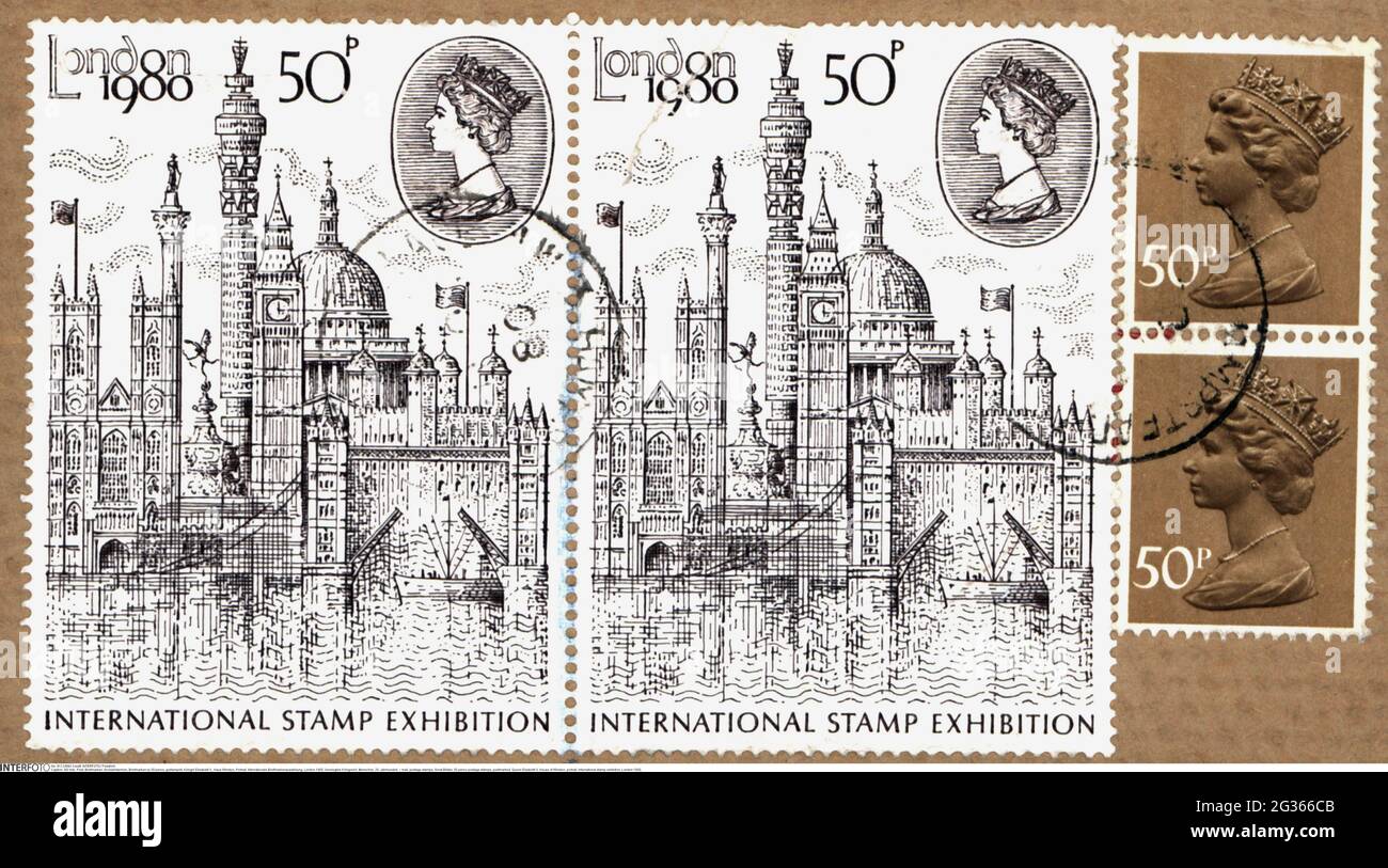 Courrier, timbres-poste, Grande-Bretagne, timbres-poste de 50 pence, marqués, Reine Elizabeth II, DROITS-SUPPLÉMENTAIRES-AUTORISATION-INFO-NON-DISPONIBLE Banque D'Images