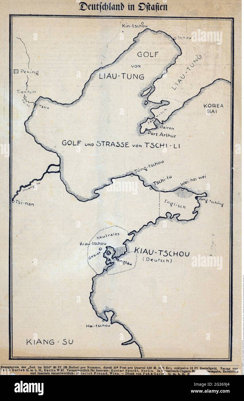 Cartographie, cartes, Asie, Chine, carte du territoire allemand loué Kiautschou, 'Zeit im Bild', 1913, INFO-DROITS-SUPPLÉMENTAIRES-NON-DISPONIBLES Banque D'Images