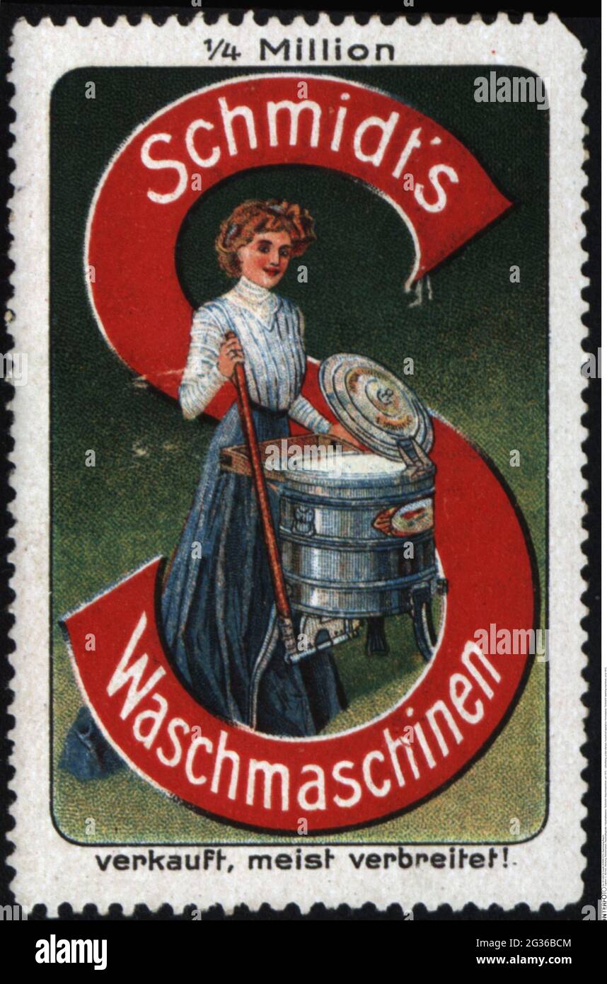 Publicité, timbres-affiches, appareils ménagers / articles ménagers, lave-linge « Shmid's », vers 1910, DROITS supplémentaires-AUTORISATION-INFO-NON-DISPONIBLE Banque D'Images