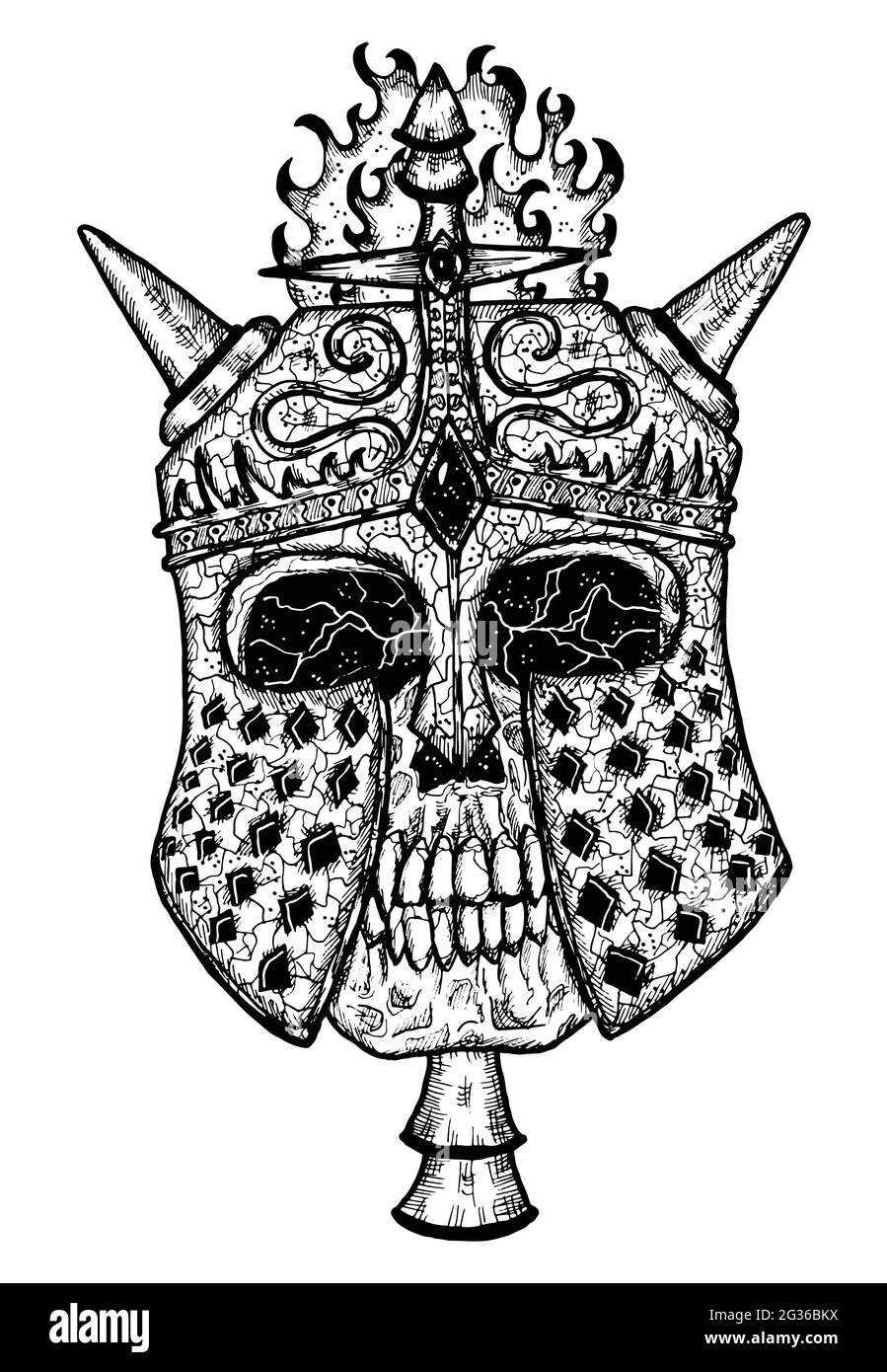 Illustration noire et blanche effrayante du crâne vectoriel portant une barre à chevalier avec cornes. Dessin isolé mystique pour Halloween avec ésotérique, gothique, occulte Illustration de Vecteur