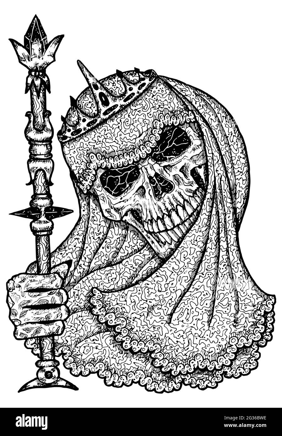 Illustration noire et blanche effrayante du crâne vectoriel tenant la baguette portant le voile et la couronne de la mariée. Dessin isolé mystique pour Halloween avec ésotérique, Illustration de Vecteur