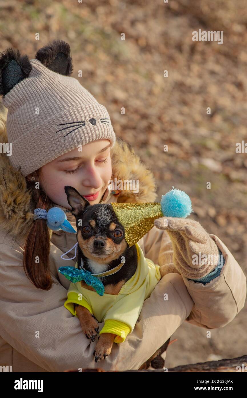 Portrait Exterieur De Fille De 10 11 Ans Portant Une Veste Beige Chaude Avec Un Chien Chihuahua Anniversaire Photo Stock Alamy