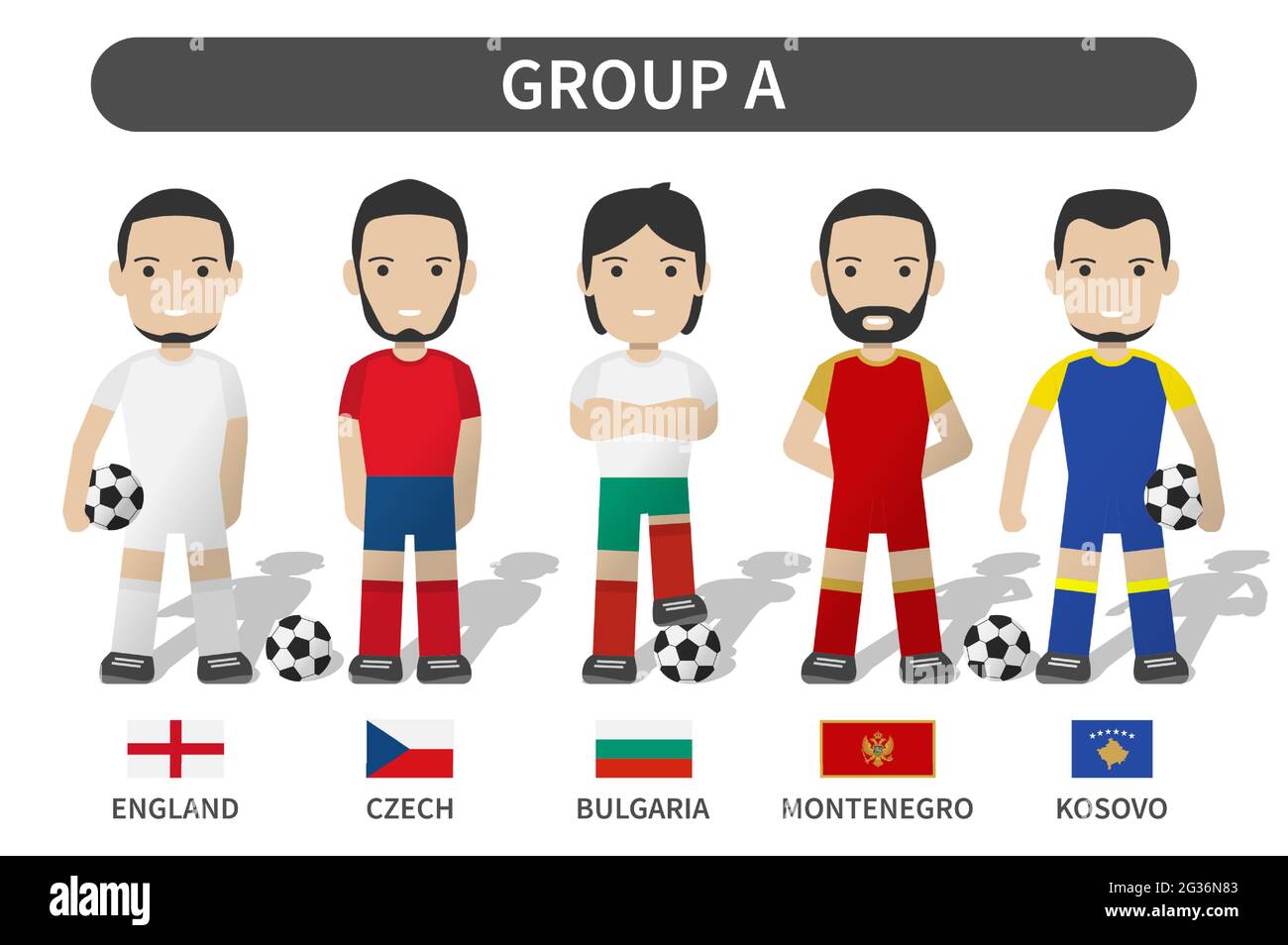 Tournoi européen de coupe de football 2020 et 2021 . Groupe A . Joueur de football avec uniforme de maillot et drapeau national . Caractères de dessin animé Illustration de Vecteur