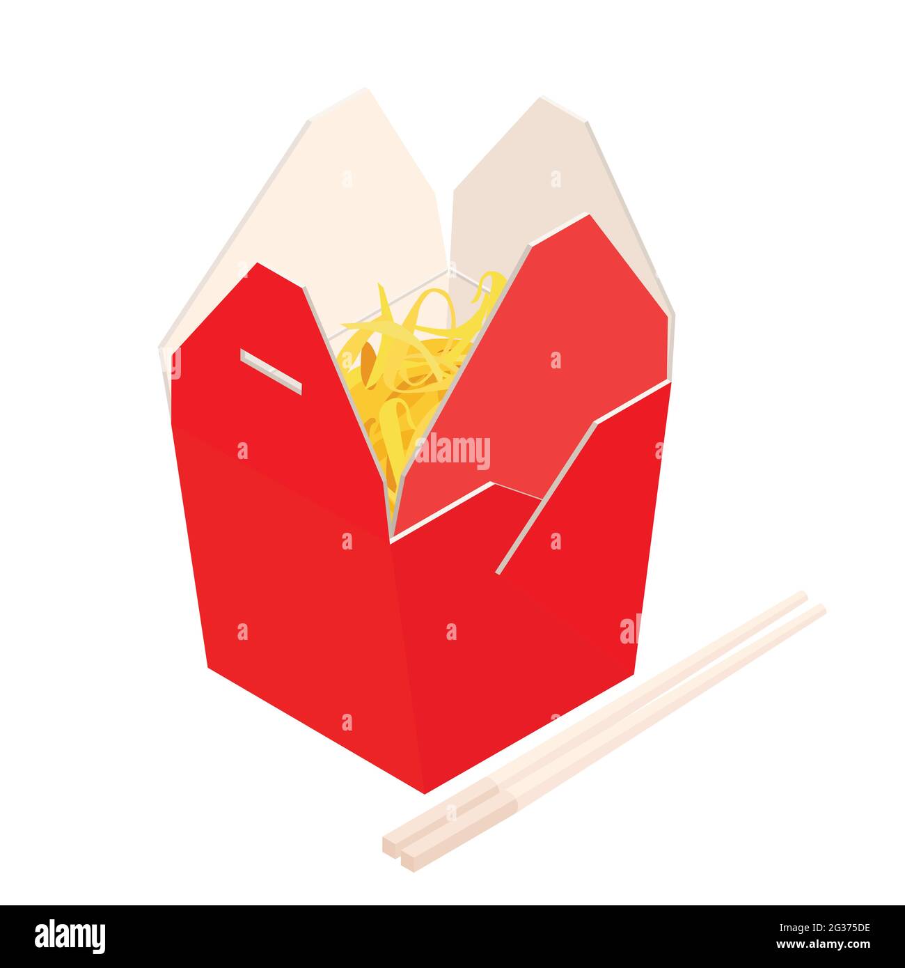 Wok Noodles dans une boîte en carton vierge et des baguettes. Livraison de nourriture asiatique. Vue isométrique. Vecteur Illustration de Vecteur