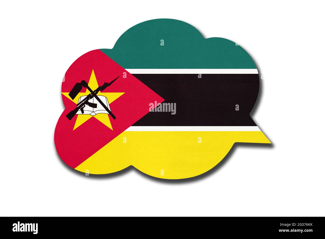 bulle de discours 3d avec drapeau national mozambicain isolé sur fond blanc. Symbole du pays du Mozambique. Signe de communication mondiale. Banque D'Images