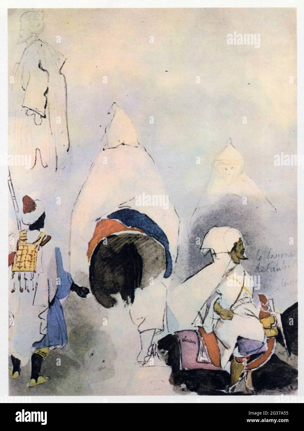 Eugène Delacroix.personnalités et cavaliers marocains.1823.une feuille de l'album de voyage.Aquarelle sur traits à la mine de plab. Banque D'Images
