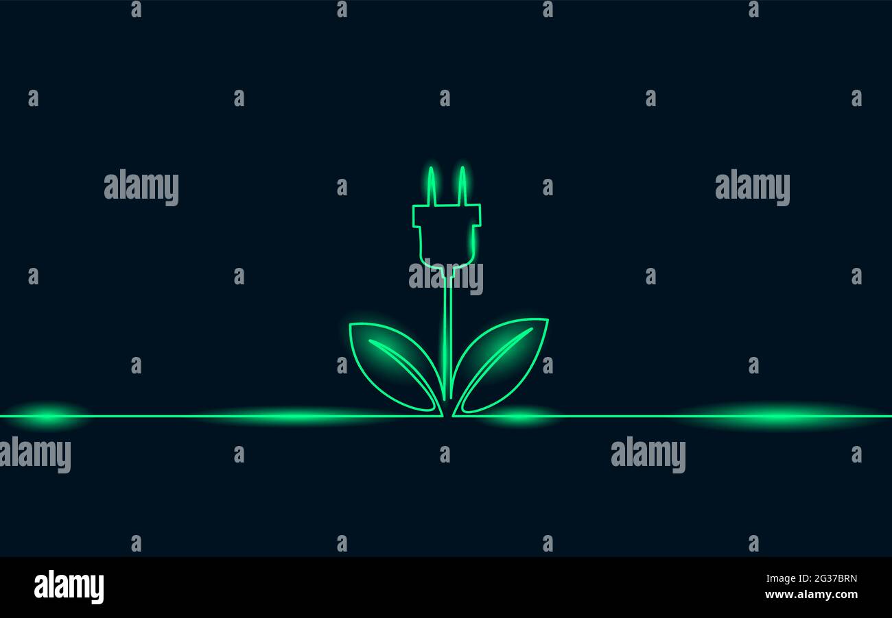 Concept de fiche d'énergie au néon vert art continu. Alimentation rechargeable électrique durable pour le stockage de l'énergie. Charge de la batterie Eco global Planet Illustration de Vecteur