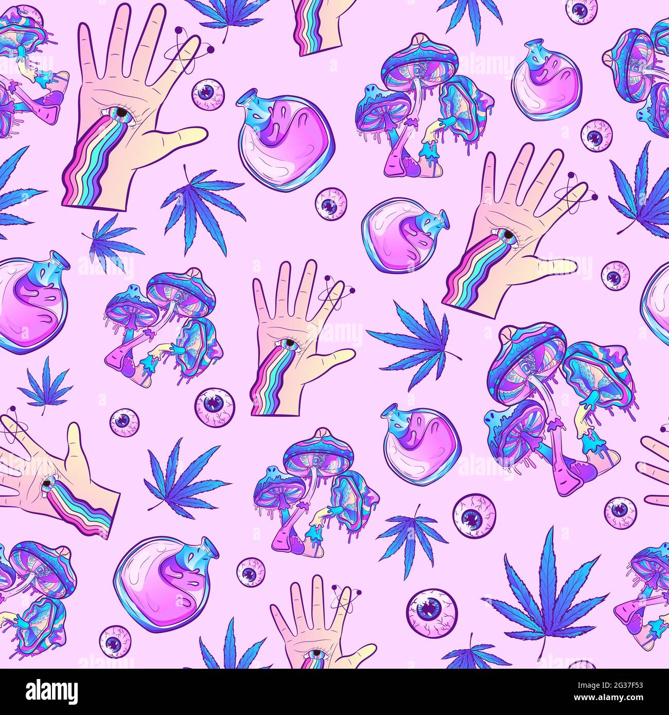 Motif psychédélique violet sans couture avec couleurs éclatantes et éléments masoniques ésotériques.Arrière-plan répétitif avec des champignons, de la marijuana, des mains, Illustration de Vecteur
