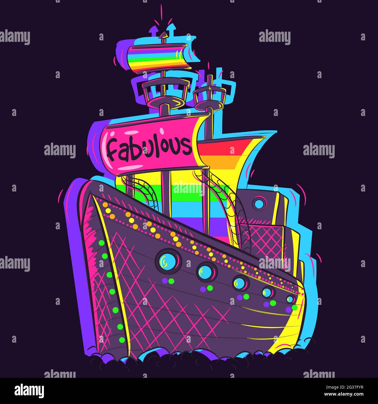 L'art vectoriel d'un fabuleux bateau de pirate rose avec des drapeaux LGBT arc-en-ciel.Art conceptuel d'un bateau en bois sous des néons qui naviguent sur la mer. Illustration de Vecteur