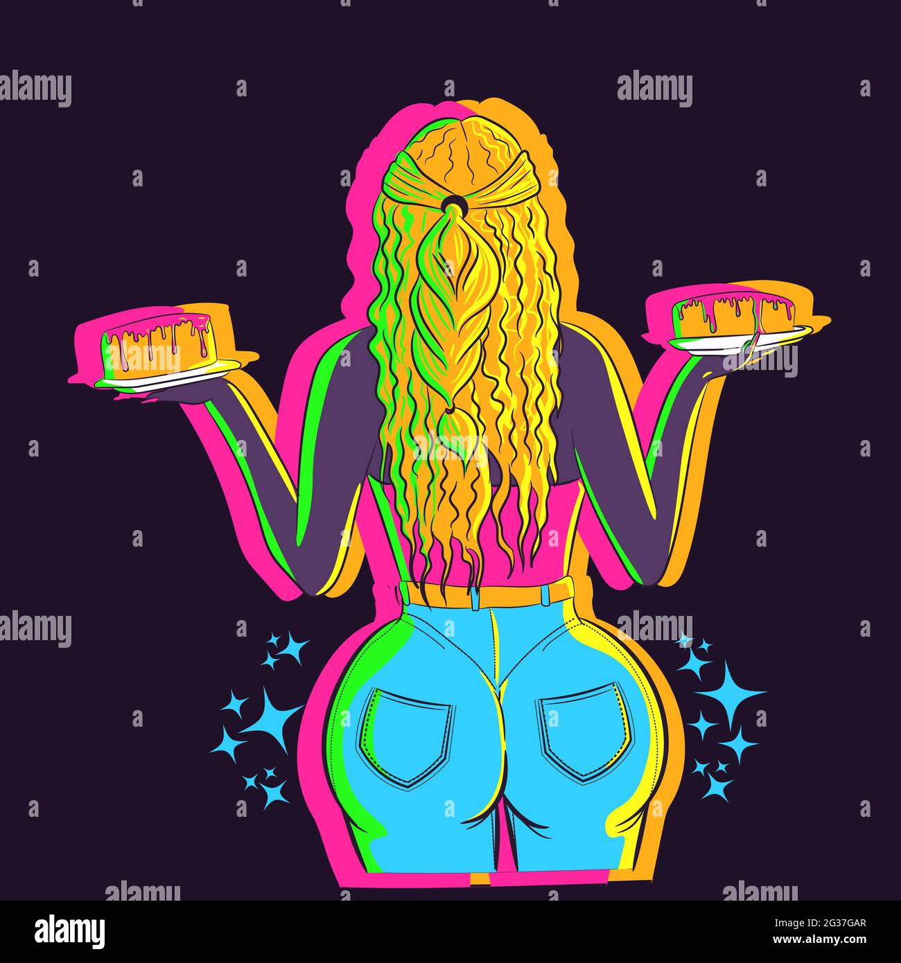 Illustration vectorielle avec vue arrière d'une femme avec cheveux tressés et jeans en denim sous lumières fluo.Serveuse jeune tenant deux assiettes avec gâteau Illustration de Vecteur