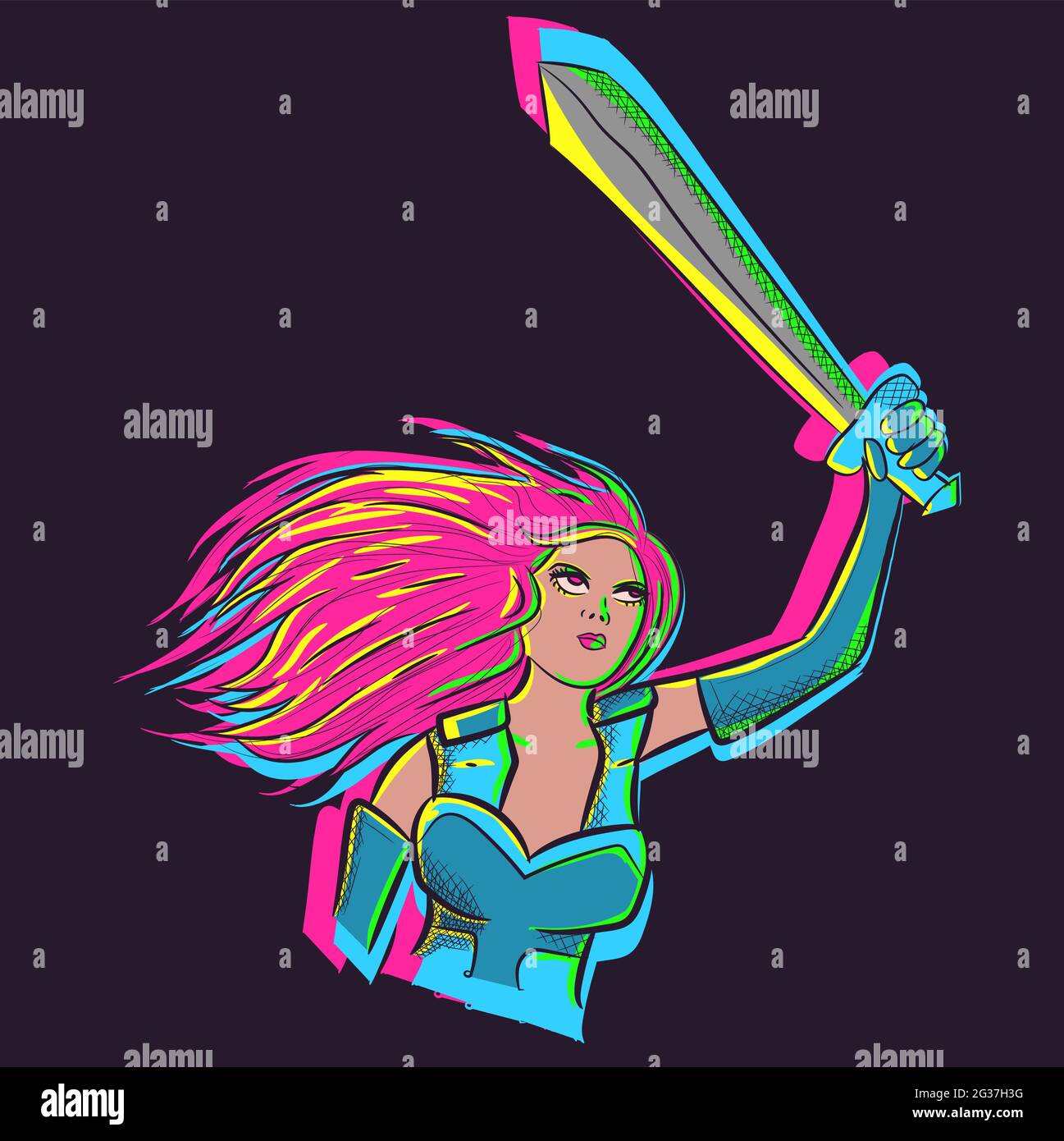 L'art vectoriel d'une femme nordique sous des lumières de néon tenant une épée dans l'air.Vecteur d'une valkyrie portant une armure de guerre viking.Personnage de païen an Illustration de Vecteur