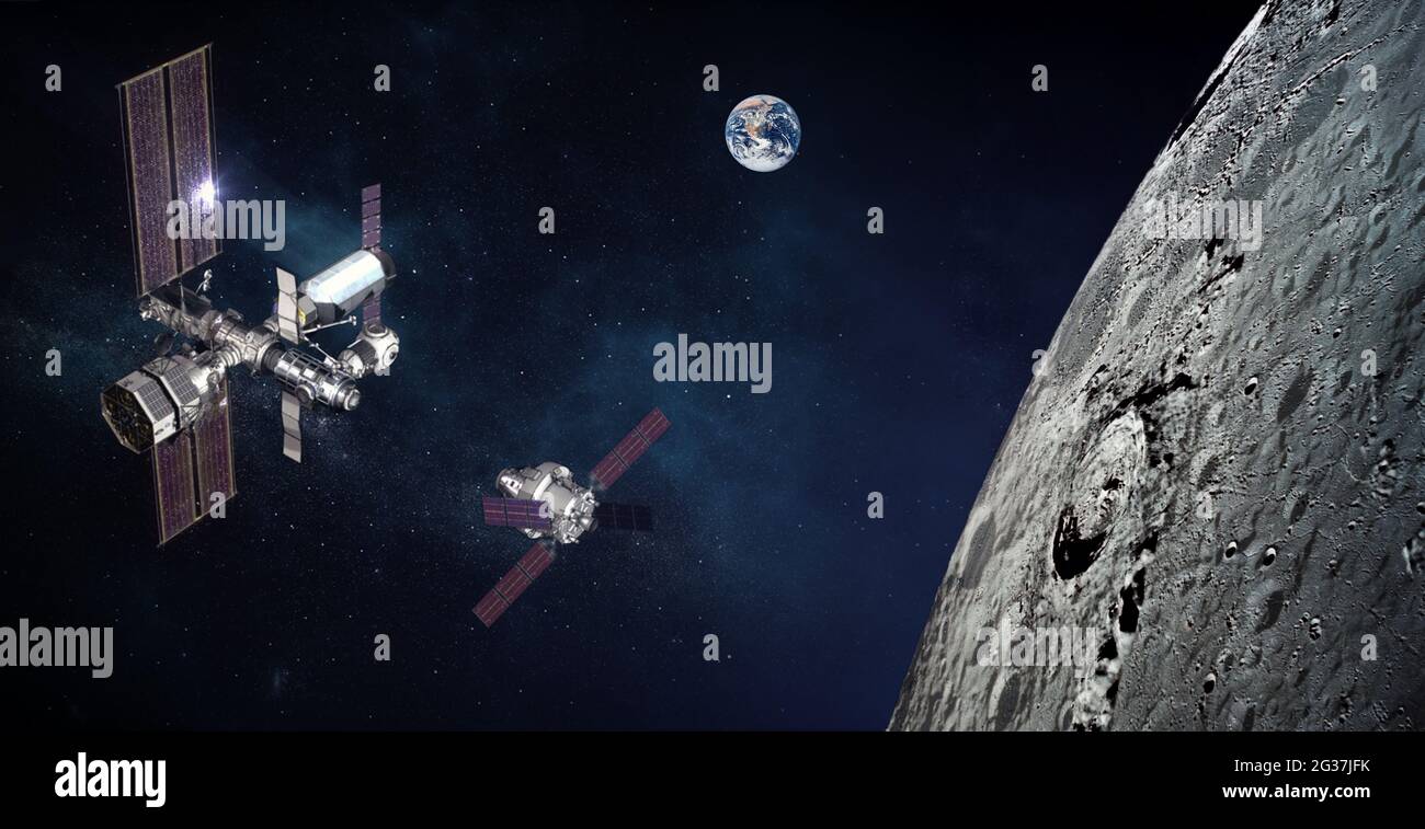 Fixation du module d'espace au-dessus de la surface de la lune. Deux vaisseaux spatiaux et la planète Terre dans l'espace près de la lune. Les éléments de cette image fournis par la NASA. Banque D'Images
