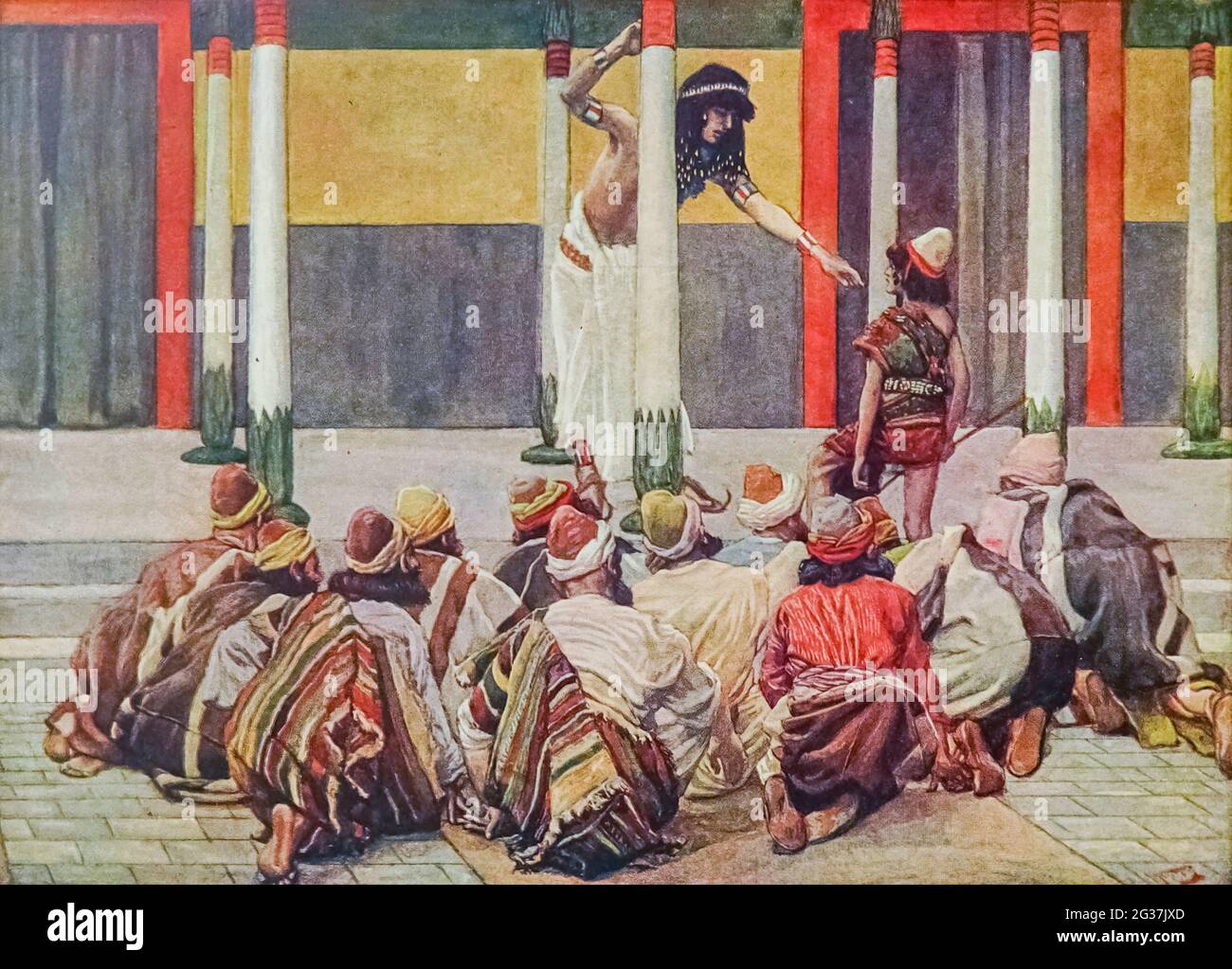 JOSEPH ET BENJAMIN. Général xlili. 29. “et lui (Joseph) leva les yeux, et vit son frère Benjamin, le fils de sa mère, et dit: Ce sera votre frère cadet, de qui vous m'avez parlé? Et il dit: Dieu te sera gracieuse, mon fils." D'après le livre ' l'ancien Testament : trois cent quatre-vingt-dix-six compositions illustrant l'ancien Testament ' partie I par J. James Tissot publié par M. de Brunoff à Paris, Londres et New York en 1904 Banque D'Images