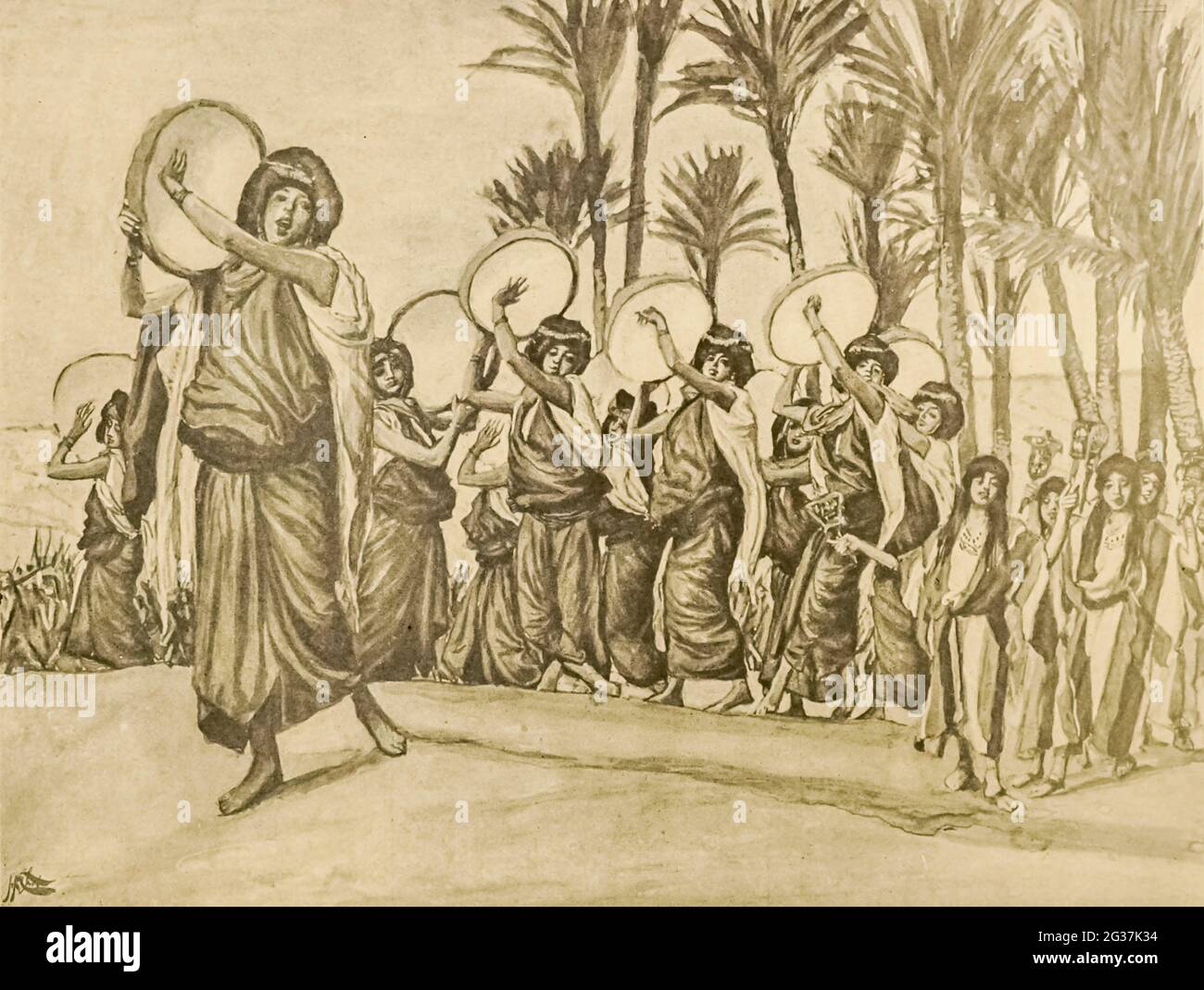 LES CHANSONS DE JOIE. Ex. xv. 20. Miriam, la prophétesse, la soeur d'Aaron, prit un tambourin dans sa main; et toutes les femmes sortirent après elle avec des timbales et des danses. D'après le livre ' l'ancien Testament : trois cent quatre-vingt-dix-six compositions illustrant l'ancien Testament ' partie I par J. James Tissot publié par M. de Brunoff à Paris, Londres et New York en 1904 Banque D'Images