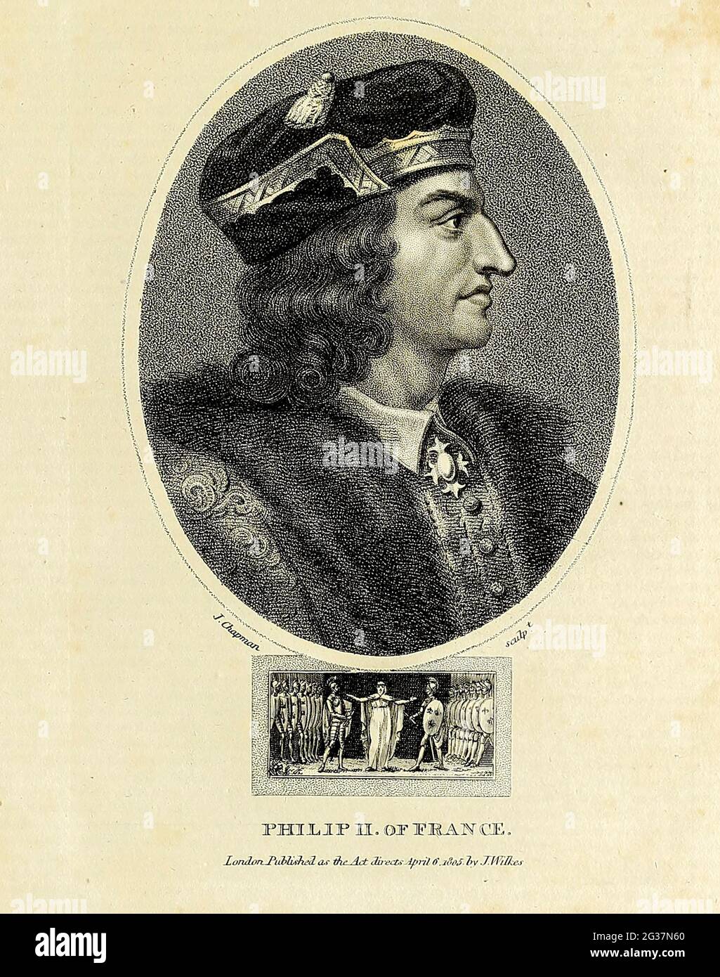 Philippe II de France Philippe II (21 août 1165 – 14 juillet 1223), sous le nom de Philip Augustus (Philippe Auguste), fut roi de France de 1180 à 1223. Ses prédécesseurs avaient été connus comme rois des Francs, mais à partir de 1190, Philippe devint le premier monarque français à se stytrer lui-même 'roi de France'. Fils du roi Louis VII et de sa troisième femme, Adela de Champagne, il a été à l'origine surnommé Dieudonné par Dieu parce qu'il était un premier fils et qu'il est né tard dans la vie de son père. Philippe a reçu l'épithète « Auguste » par le rigord chroniqueur pour avoir étendu les terres de la couronne de France ainsi rem Banque D'Images