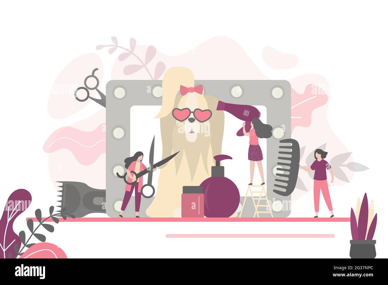 Personnage féminin avec sèche-cheveux sèche le manteau de chien. Tondeuse professionnelle avec ciseaux coupe le terrier du yorkshire. Différents accessoires pour le soin des cheveux. Con Illustration de Vecteur