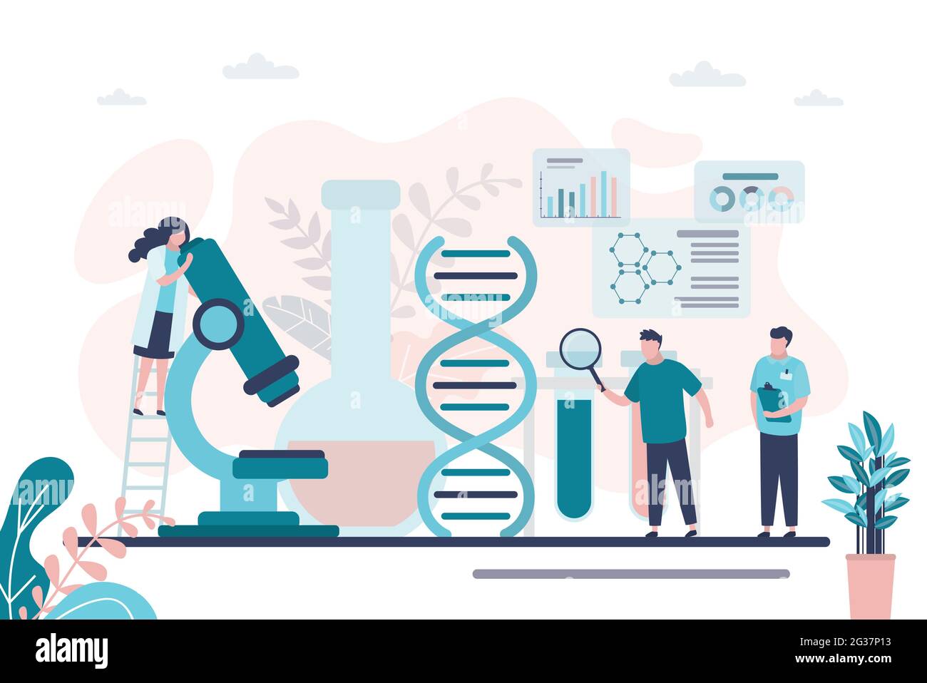 Une équipe de pharmaciens effectue des recherches sur les médicaments. Le caractère mâle avec loupe examine l'adn. Groupe de scientifiques travaillant en laboratoire médical. Medi Illustration de Vecteur