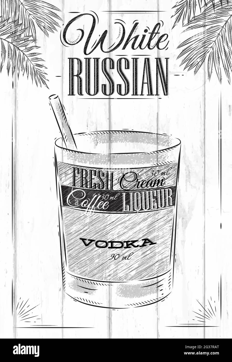 Cocktail russe blanc de style vintage stylisé peint sur des planches en bois Illustration de Vecteur