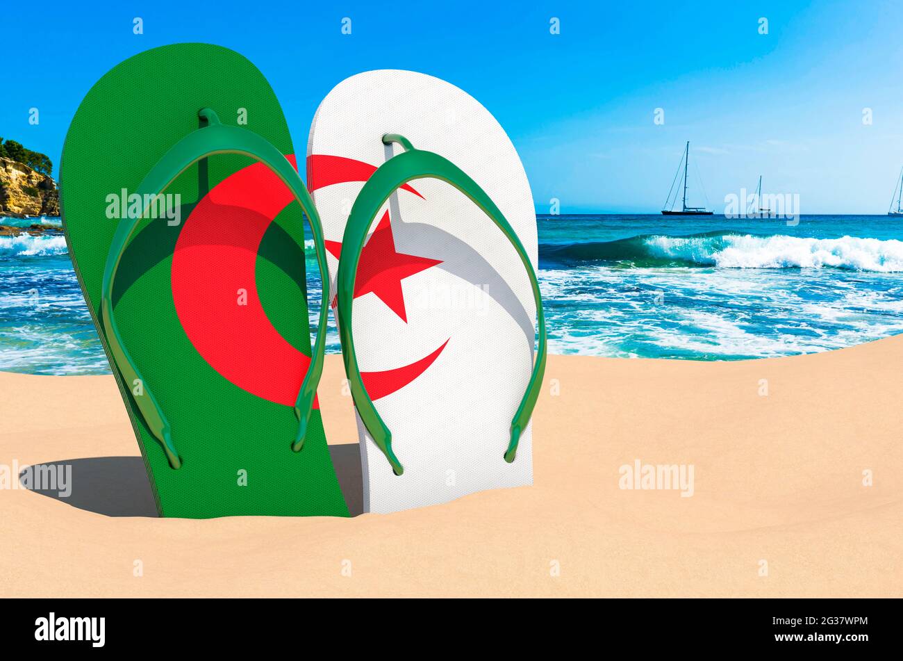 Tongs avec drapeau algérien sur la plage. Algérie resorts, vacances,  visites, Voyage concept. Rendu 3D Photo Stock - Alamy