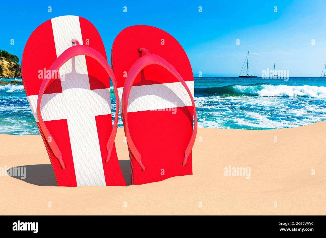 Tongs avec drapeau danois sur la plage. Danemark resorts, vacances, visites, Voyage concept. Rendu 3D Banque D'Images