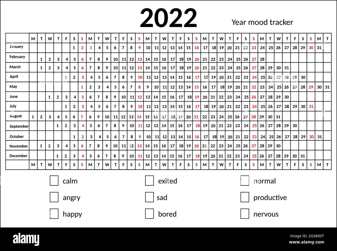Grille de suivi de l'humeur du calendrier 2022 ans. Conception vectorielle avec ligne noire et modèle de table rouge dimanche sur fond blanc pour l'organisation et les affaires. Illustration de Vecteur