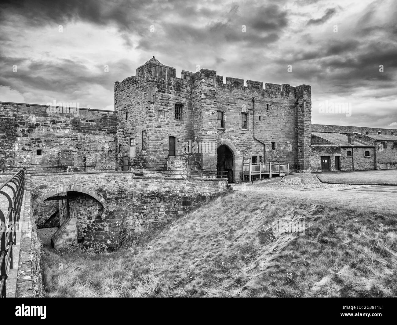 Les est du château et de la forteresse médiévales de Carlisle, dans la ville de Carlisle, dans le comté de Cumbria, dans le nord-ouest de l'Angleterre. Banque D'Images