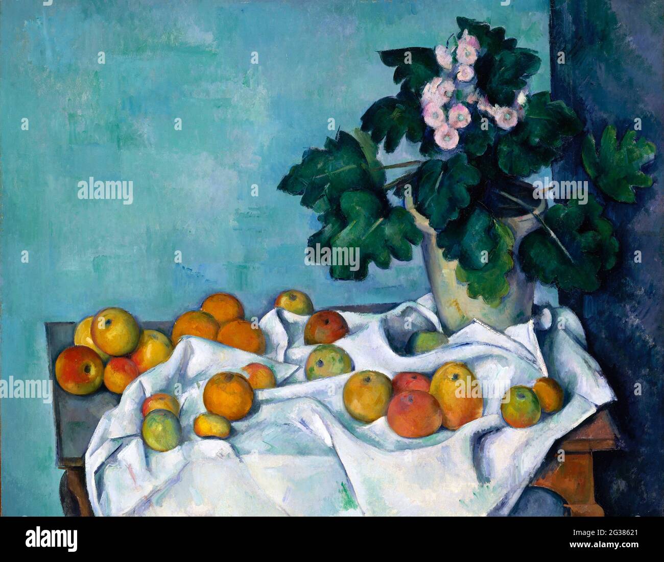 Encore la vie avec des pommes et un pot de Primroses par Paul Cezanne (1839-1906), huile sur toile, c.1890 Banque D'Images