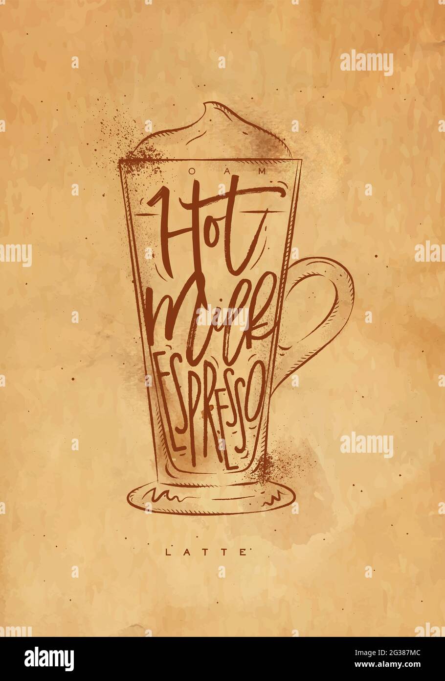 Café latte tasse lettrage mousse, lait chaud, espresso dans le style graphique vintage dessin avec artisanat Illustration de Vecteur