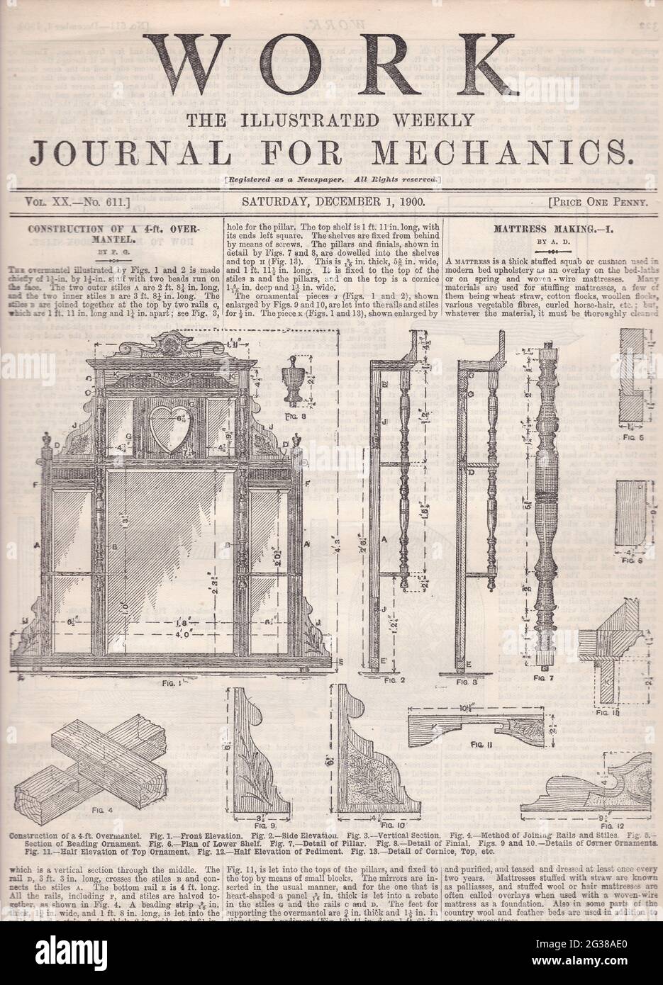 Travaux le Journal hebdomadaire illustré pour la mécanique 1900 - Construction d'un Overmantel de 4 pieds. Banque D'Images