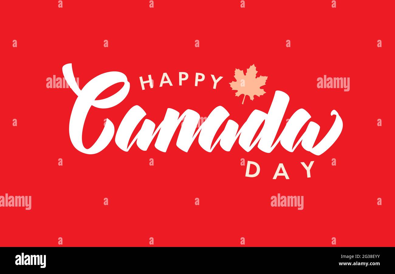 Logo de la fête du Canada joyeux, écrit à la main, vecteur isolé avec une feuille d'érable réaliste. Typographie pour les cartes de vœux, la décoration et la couverture. Concept Illustration de Vecteur