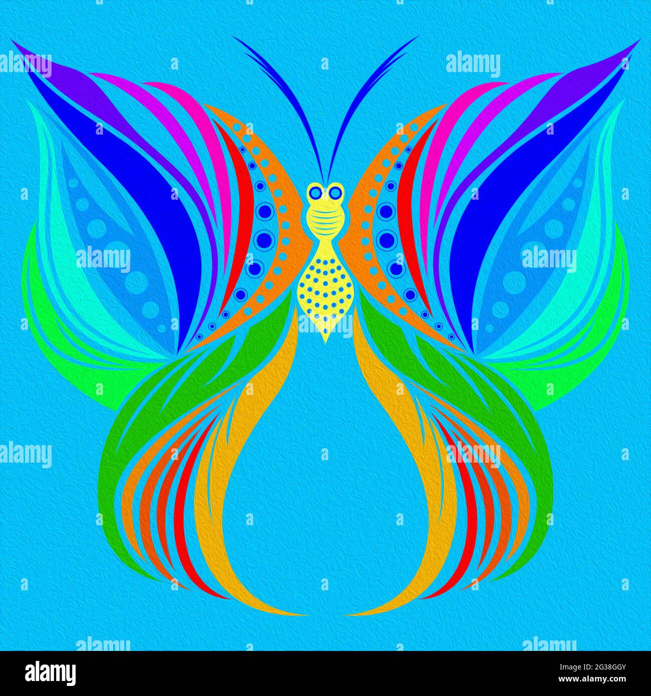 Papillon coloré brillant ornemental sur fond bleu fait avec l'effet de la peinture à l'huile Banque D'Images