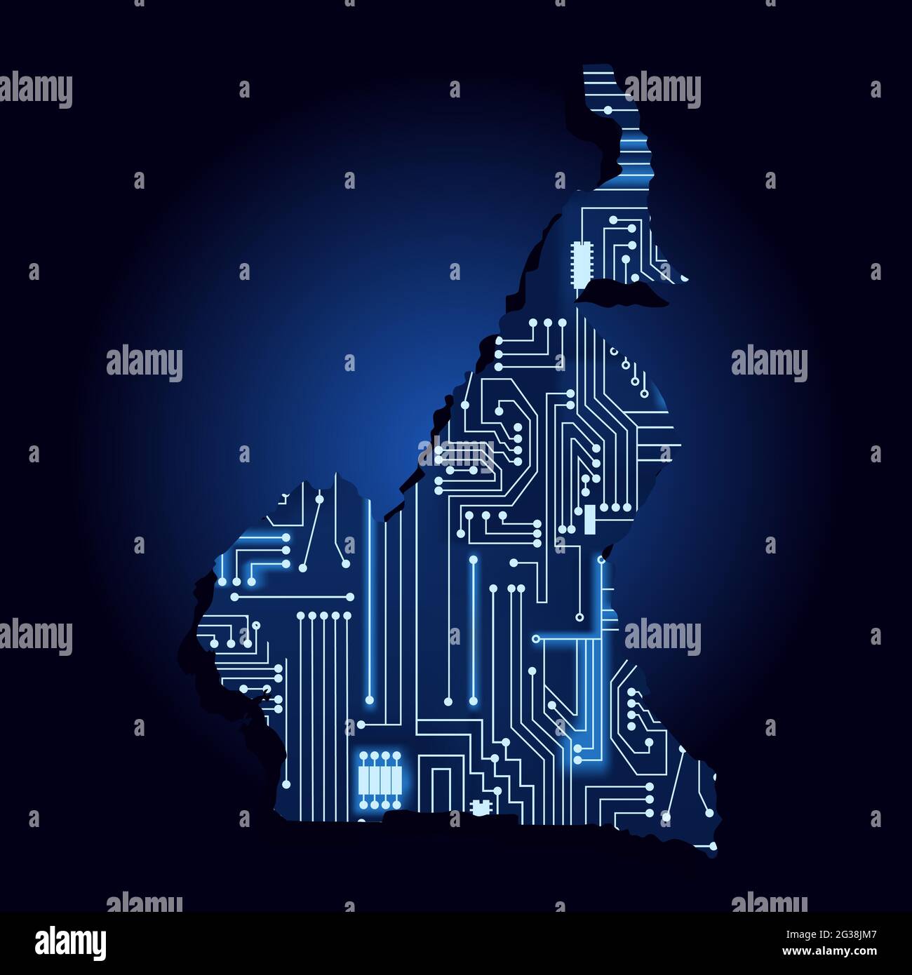 Carte de contour du Cameroun avec un circuit électronique technologique. Pays africain. Arrière-plan bleu. Illustration de Vecteur