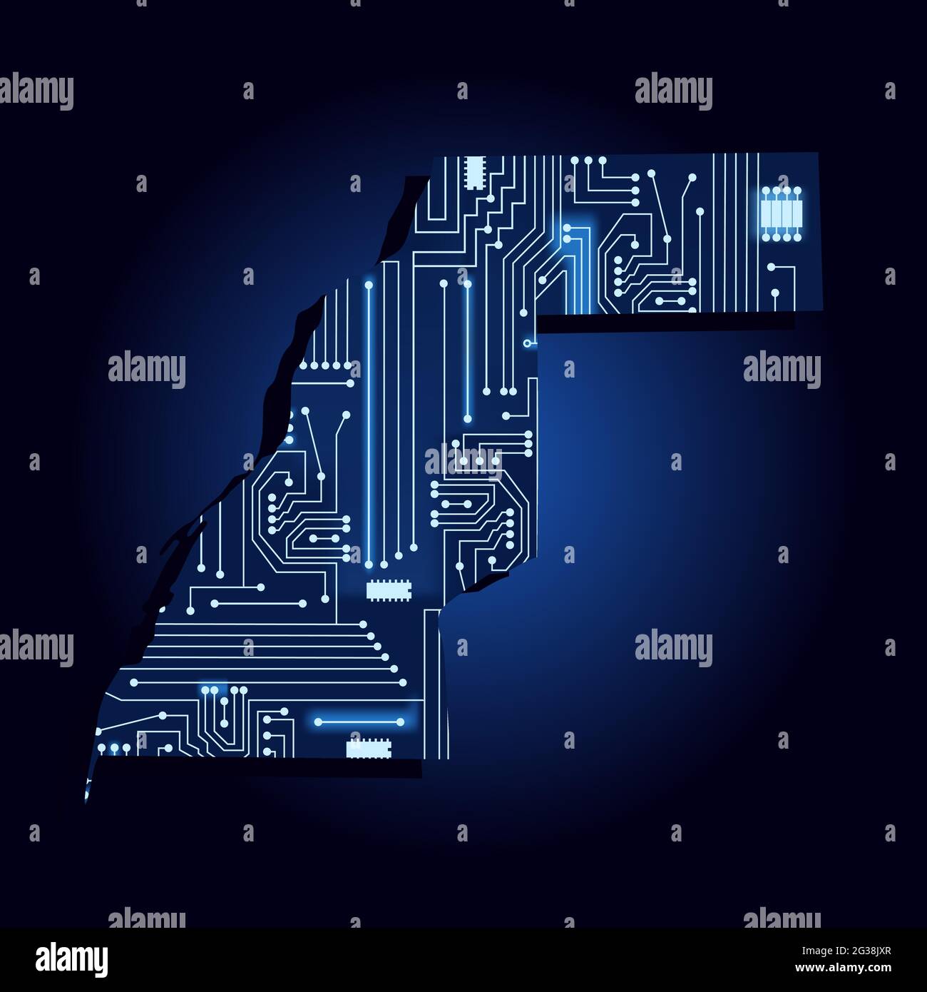 Carte de contour du sahara occidental avec un circuit électronique technologique. Pays africain. Arrière-plan bleu. Illustration de Vecteur