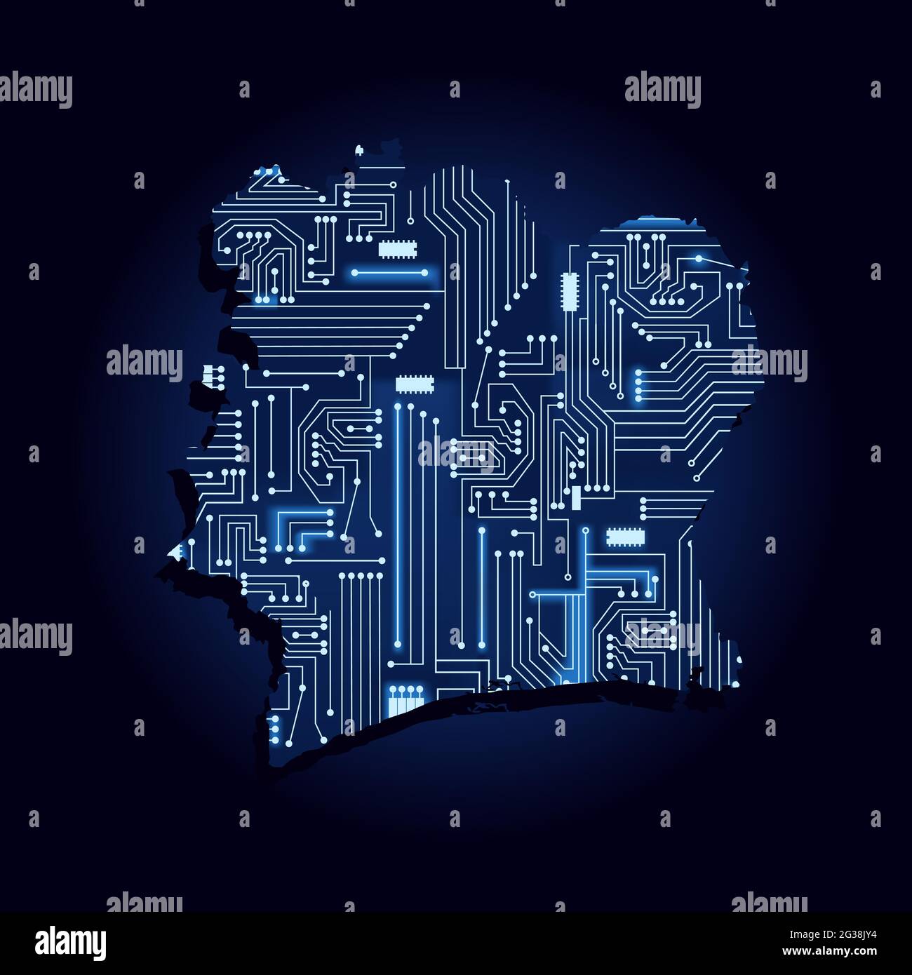 Carte de contour de Côte d'Ivoire avec un circuit électronique technologique. Pays africain. Arrière-plan bleu. Illustration de Vecteur