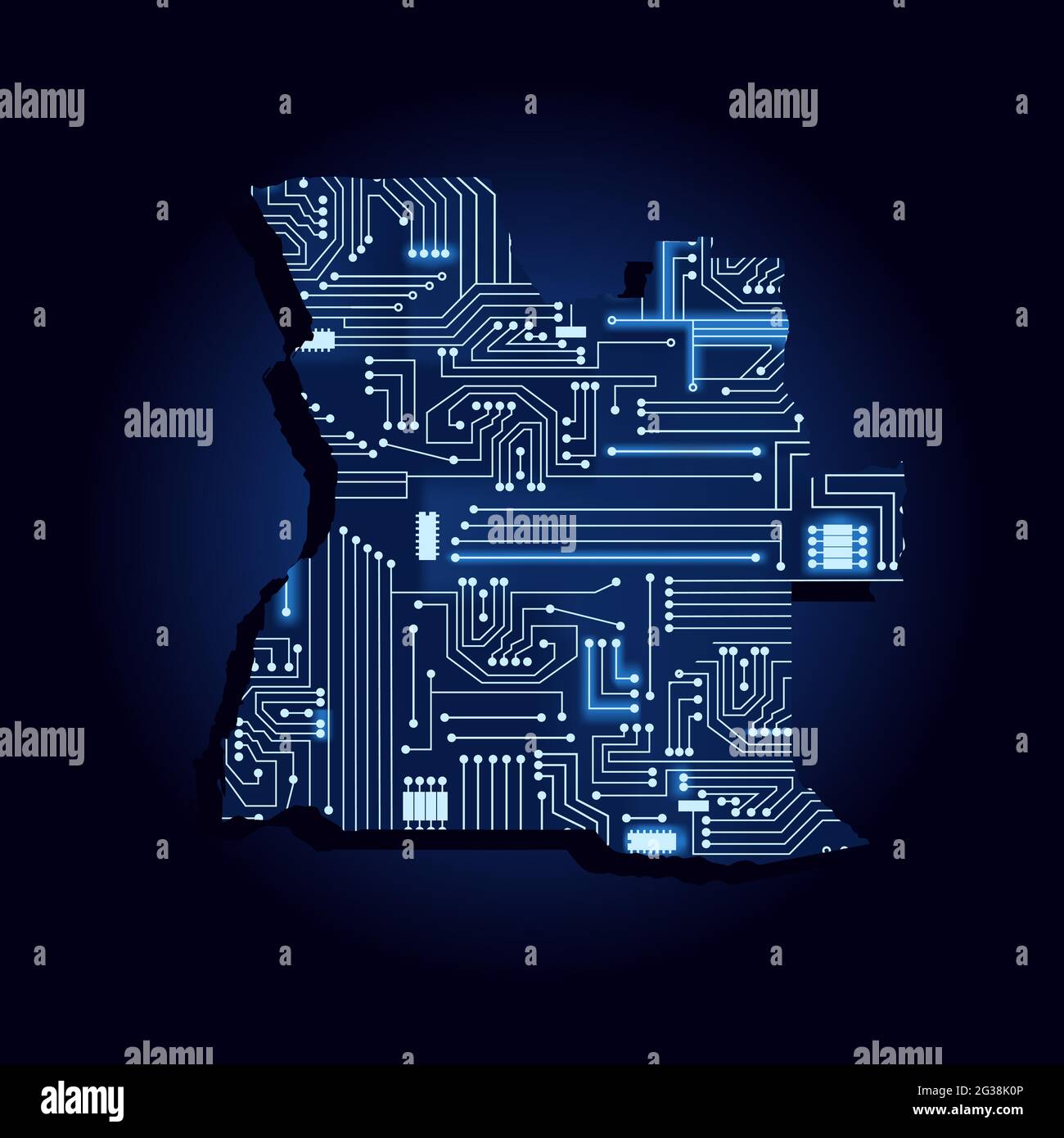 Carte de contour de l'Angola avec un circuit électronique technologique. Pays africain. Arrière-plan bleu. Illustration de Vecteur