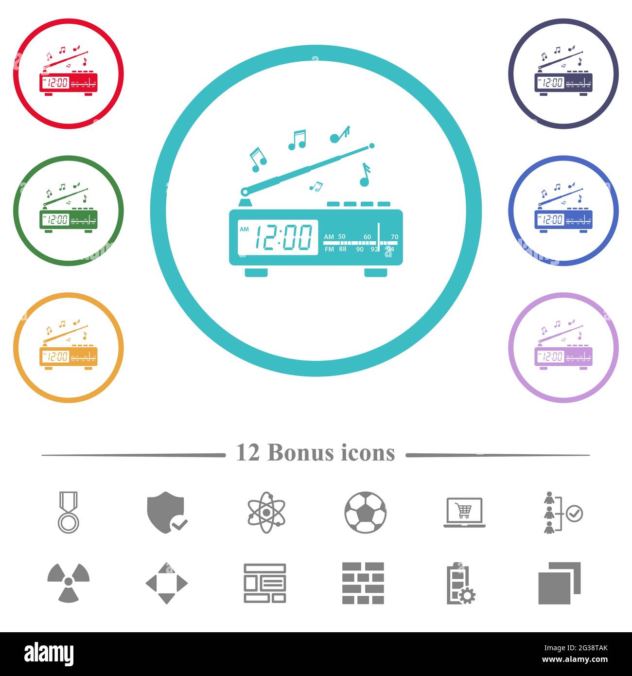 Radio-réveil vintage avec icônes de couleur plate de musique dans les contours en forme de cercle. 12 icônes bonus incluses. Illustration de Vecteur