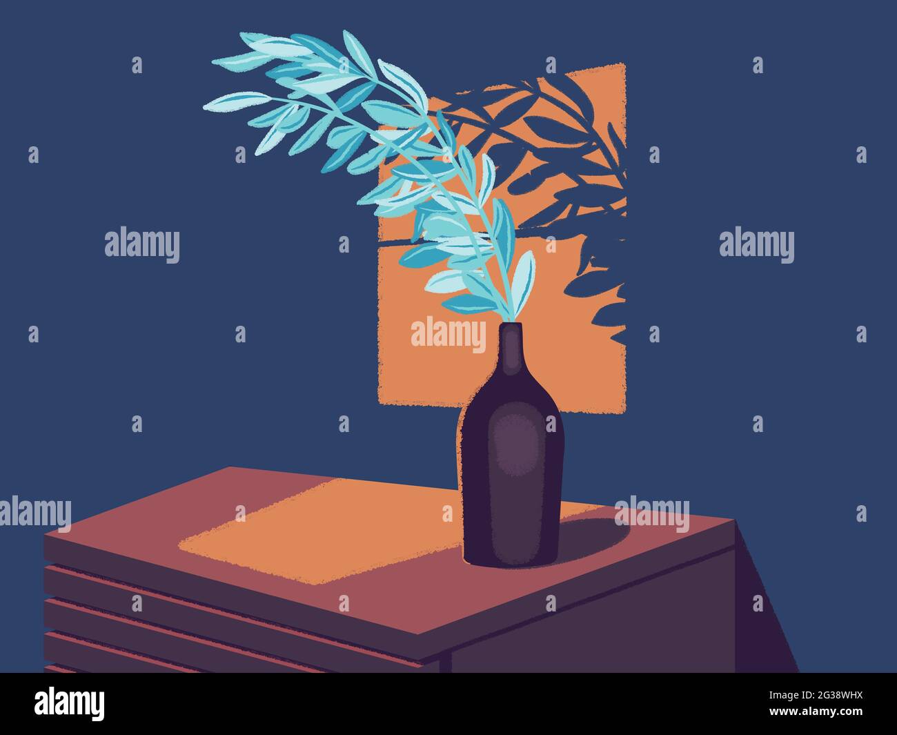 Illustration de branches dans un vase sur table par fenêtre. Lignes fusain, effet texturé. Concept de décoration intérieure. Banque D'Images