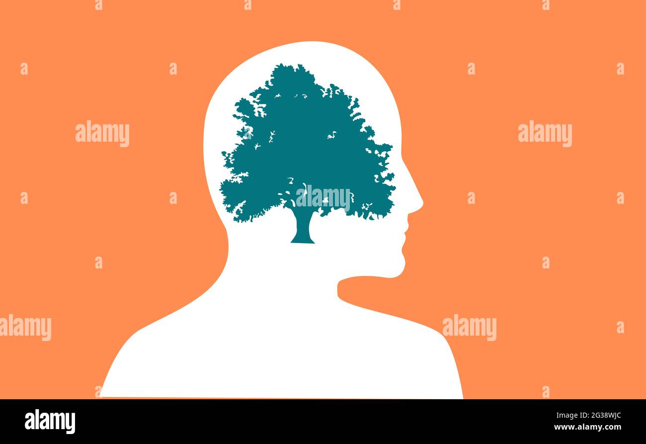Connexion humaine à la nature. Un arbre dans la tête d'un humain. Notre relation avec l'environnement naturel. Logo Enviromental Day Banque D'Images Connexion humaine à la nature. Un arbre dans la tête d'un humain. Notre relation avec l'environnement naturel. Logo Enviromental Day Banque D'Images