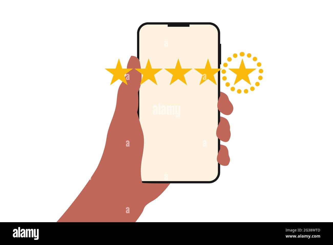 Gros plan sur la presse de main d'homme d'affaires sur l'écran de smartphone avec l'icône de rétroaction de notation de cinq étoiles d'or et le niveau de presse excellent rang pour donner le meilleur score Banque D'Images