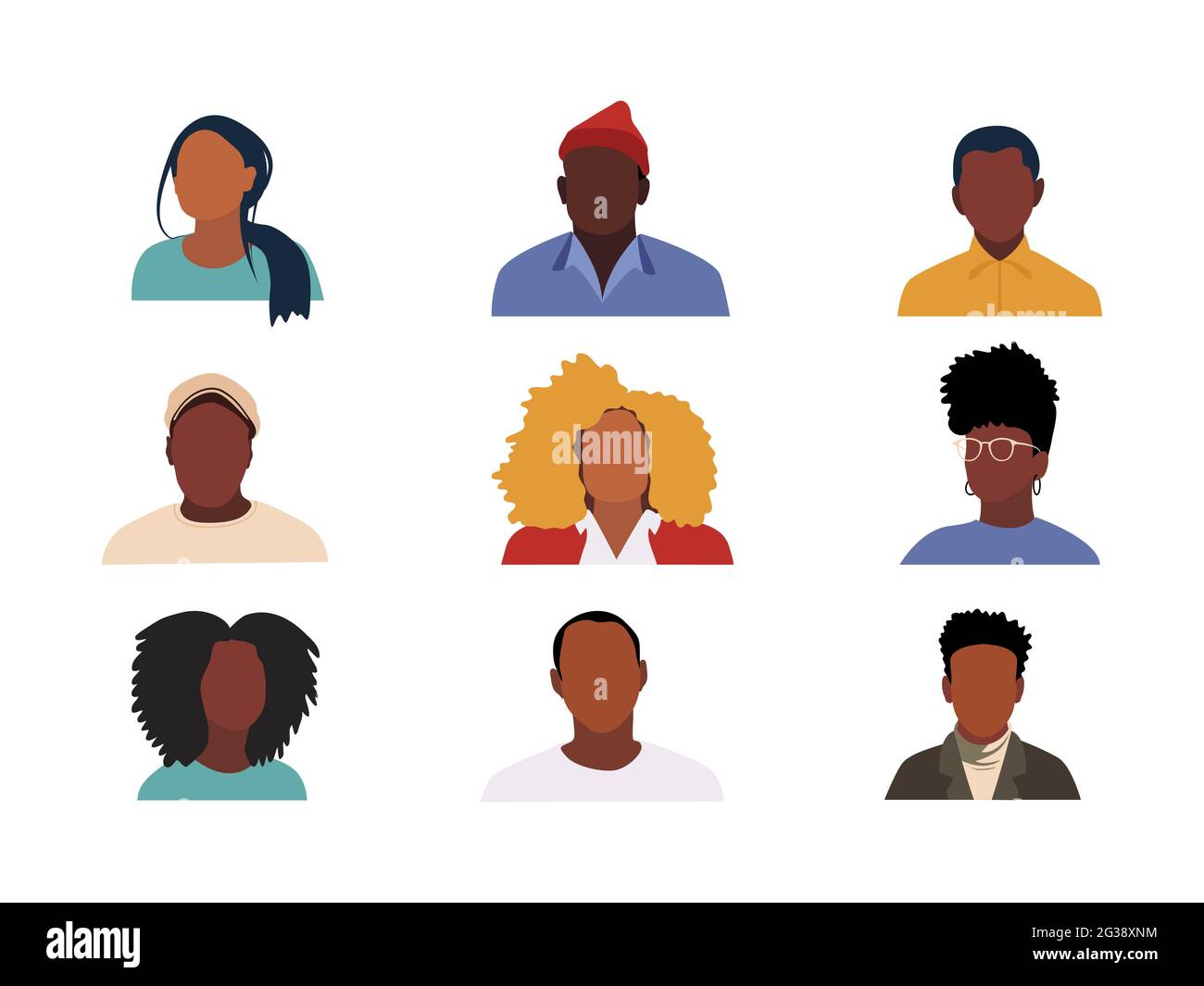 Portraits de peuples afro-américains. Ensemble d'icônes de réseaux sociaux. Svatars à conception plate. Femme et homme élégants et modernes. Vecteur. Illustration de Vecteur
