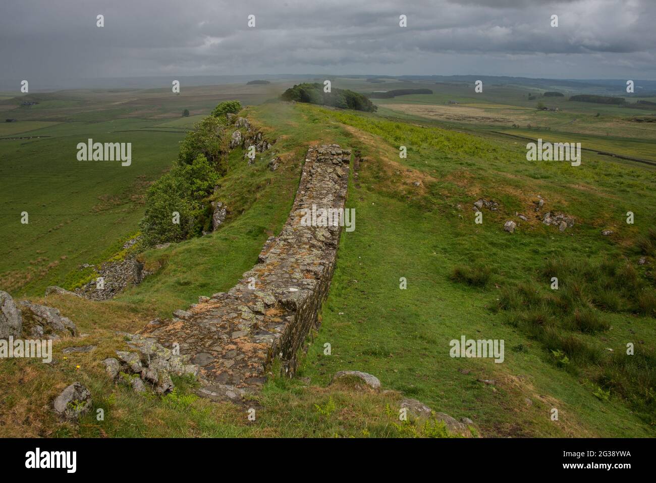 Vestiges d'un segment du mur d'Hadrien, l'ancien mur frontalier romain traversant le nord de l'Angleterre, sur les falaises de Sewingshields Crags près de Milecastle 35 à l'est du fort romain Housesteads. Longeant l'ensemble du site classé au patrimoine mondial de l'UNESCO, le chemin du mur d'Hadrien est l'un des sentiers de randonnée les plus populaires d'Angleterre. Banque D'Images