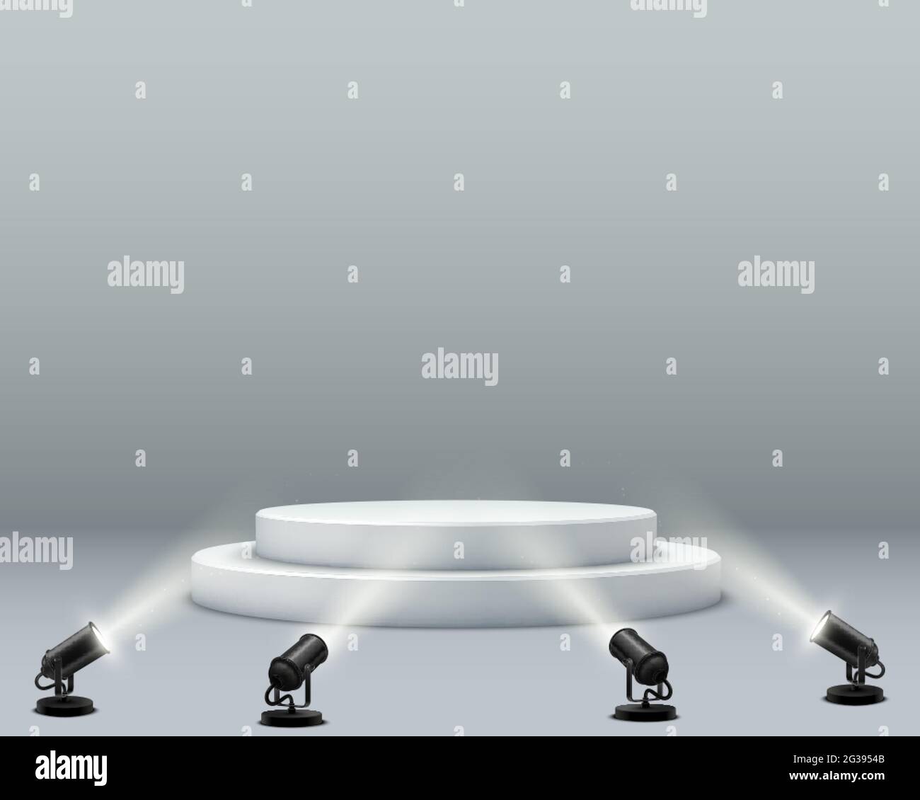 Arrière-plan abstrait du podium. Un intérieur réaliste et lumineux avec un podium et des spots. Illustration de Vecteur